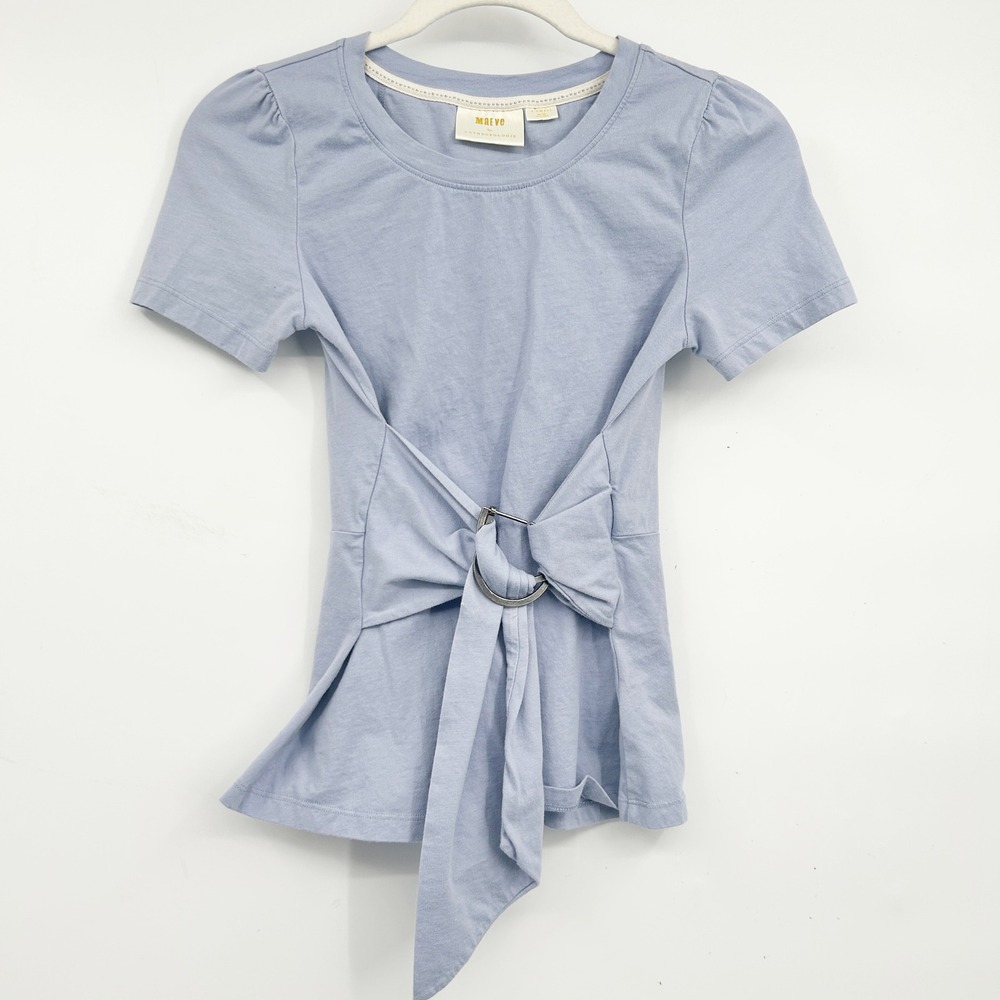 Maeve By Anthropologie Womens Pastel Blue Dakota Tie Wrap Peplum Top Size XS